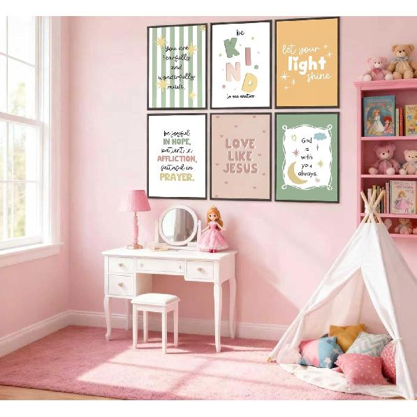 6Pcs Colorful Bible Verse Canvas Wall Art Christian Girls Education Posters Prints Children's Bible Pirational Quote Wall Decor Pictures for Nursery