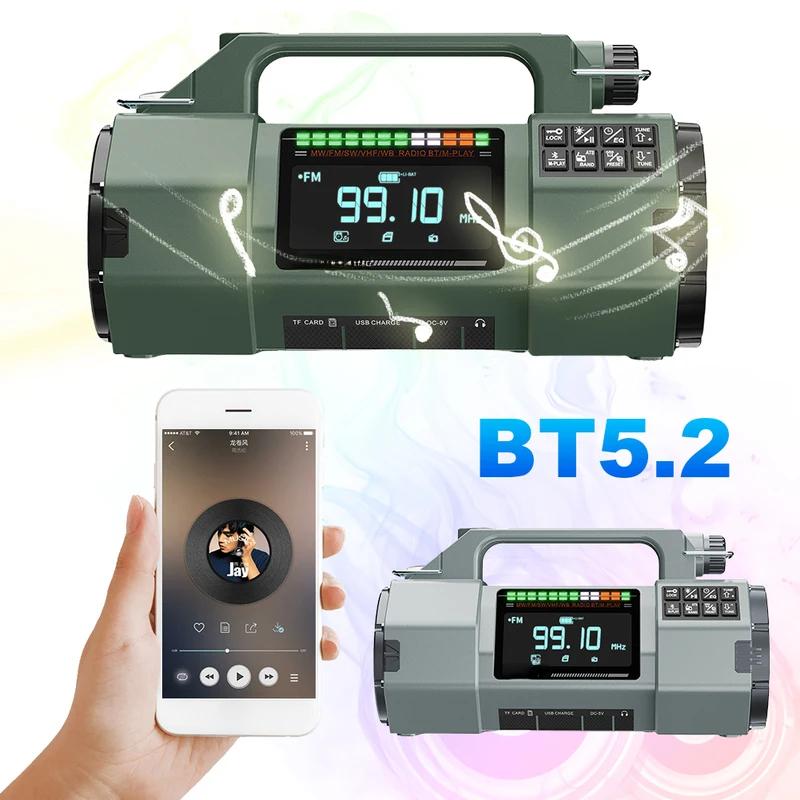 Nouzové rádio FM/MW/SW/VHF/WB Přenosné rádio s alarmem SOS LED svítilnou BT reproduktorem Ruční klika Solární rádio pro přežití