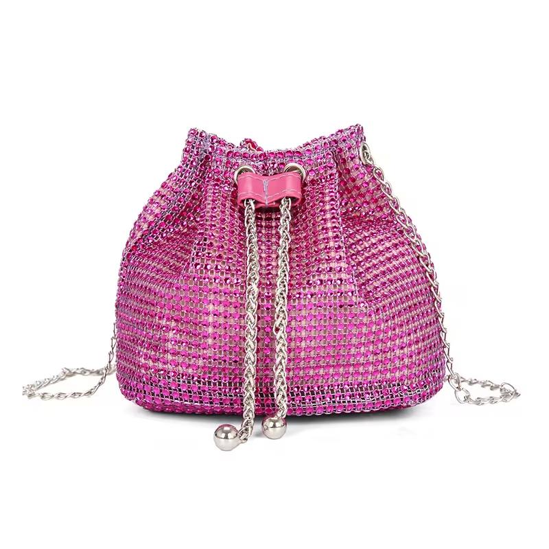 Women Fashion Diamonds Rhinestone Bucket Bags Retro Pearl Chain Ladies Shoulder Bags Shiny Small Crossbody Bags Female Handbags
