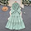 Retro court style lantern sleeve dress women's summer hollow crochet single-breasted light mature temperament royal sister long skirt