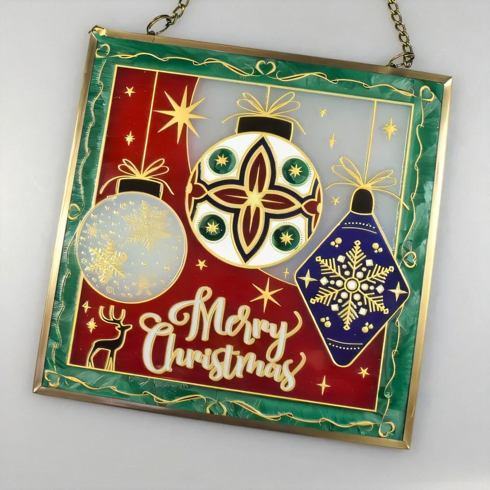 Fourcart Cute Handmade Glass Crafts Christmas Ornament Square x 6 Pieces [Stained Frame]