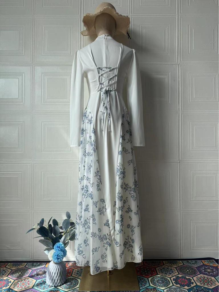 2025 Spring Long-Sleeved Floral Print Dress - European and American Style, Round Neck, Long Skirt