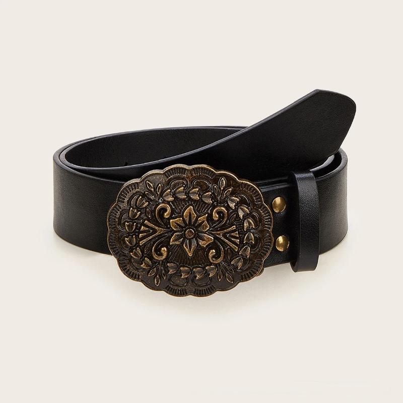 Vintage White Stone Buckle Belt Engraved Flower Belt Embossed Leather Belt Boho Western Belt Jeans Belt
