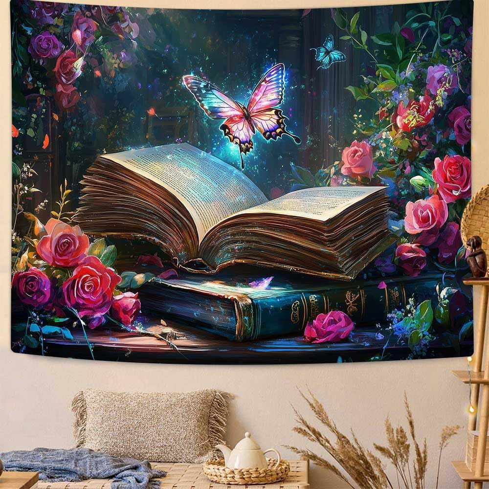 Magic Book Tapestry Pink Floral Dreamlike Butterflies Wall Hanging Tapestries for Bedroom Living Room College Dorm Aesthetic