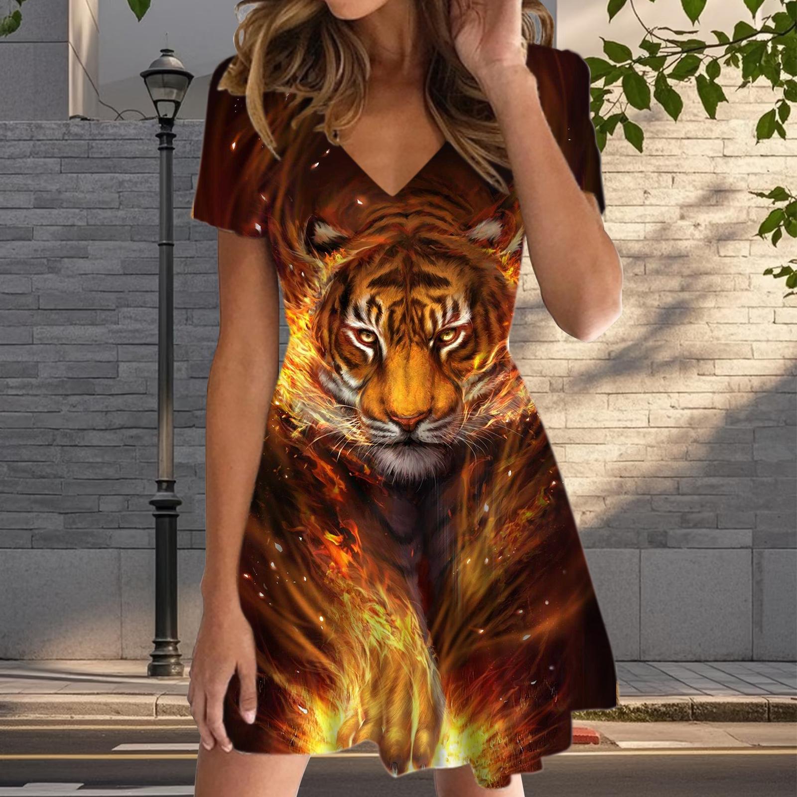 

Летняя мода женские V-образный вырез короткий рукав тигровый принт платье сексуальные короткие юбки платья 4XL оранжевый