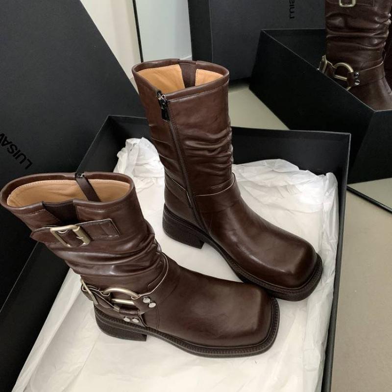 Autumn and winter medium heel large size women's boots solid color side zipper women's leather boots leather knight boots new cowhide low boots