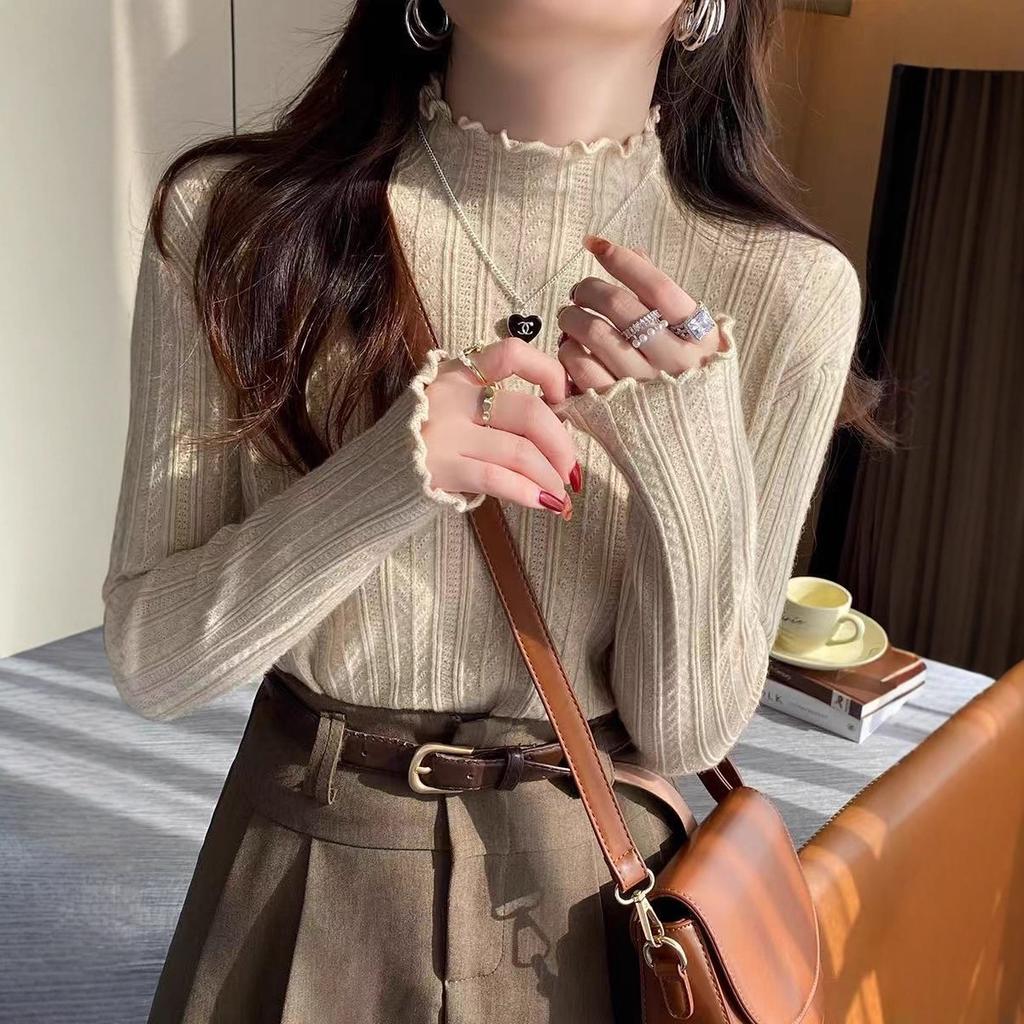 Korean Autumn and Winter New Fungus Lace Solid Color Long-sleeved Knitted Pullover Women's Basic Knitted Bottoming Shirt