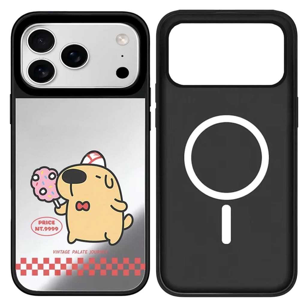 IPhone 12 13 14 15 16 17 Pro Max Cute Cartoon Pet Burger Mirror Surface Black Border Magnetic Protective Case
