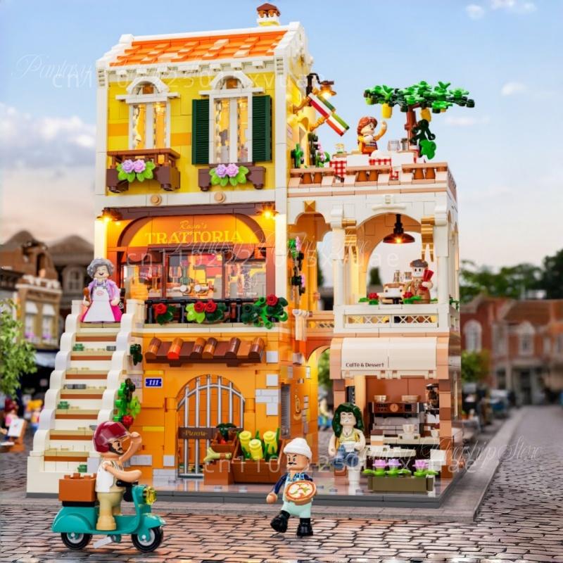 Small Town Series Italian Family Restaurant Building Block House City Street View Assembly Model Toys Full Print Decoration Gift