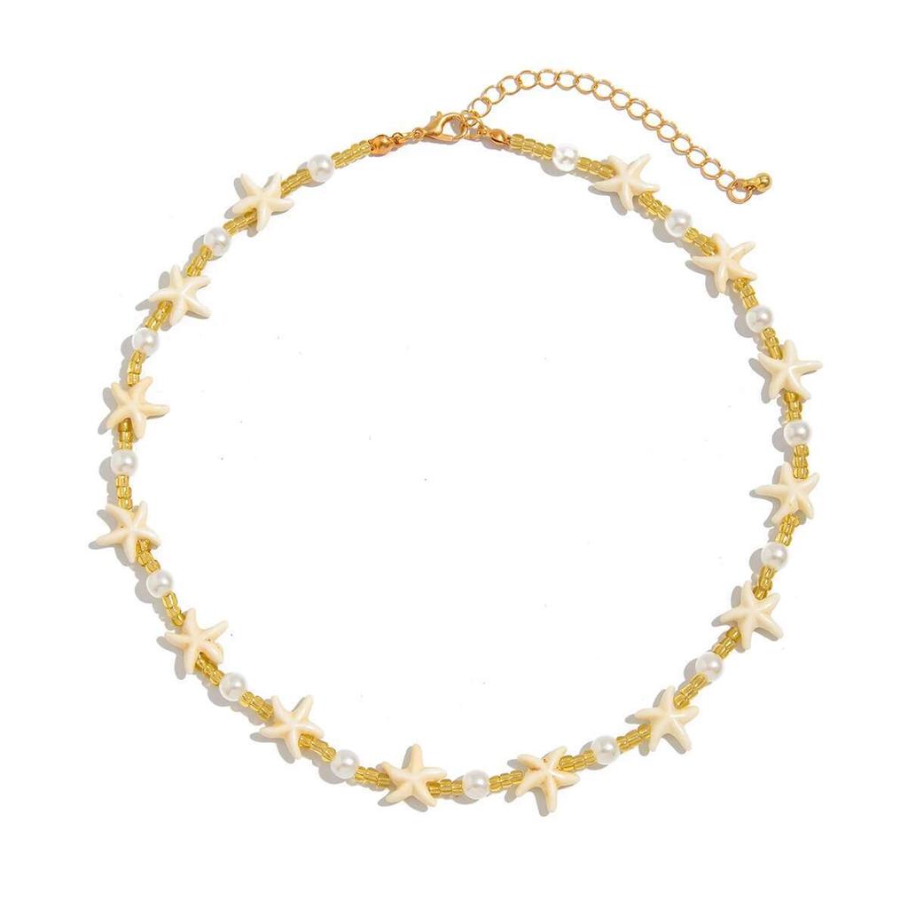 SHIXIN Boho Starfish Short Choker Necklace for Men Trendy Imitation Pearl Acrylic Beaded Necklace Male Summer Beach Neck Jewelry