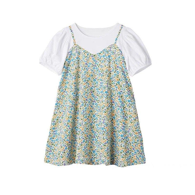 Japanese-Style New Summer Girls  Woven Pure Cotton Short-Sleeve Dress, Floral Fake Two-Piece Children s Suspender Dress Color 130
