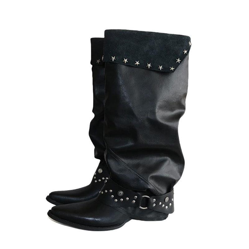 0000 pointed thick heel rivet trouser tube boots women's boots belt buckle pile knight boots versatile high tube but knee boots