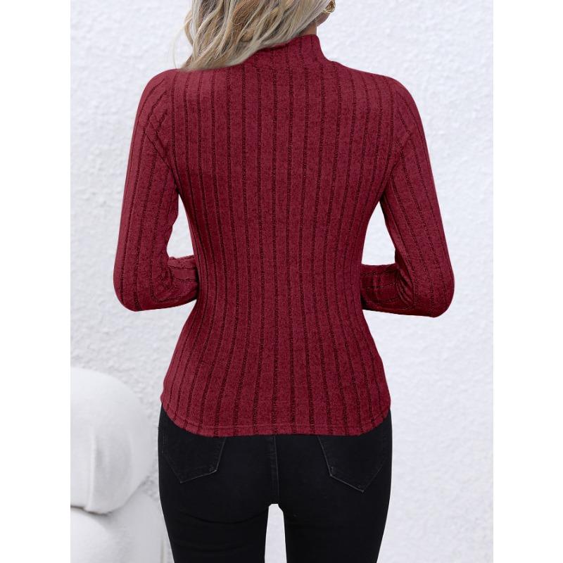 Solid Color Faux Neck Ribbed T-Shirt, Elegant Long Sleeve Slim Fit Hundred Tops for Women