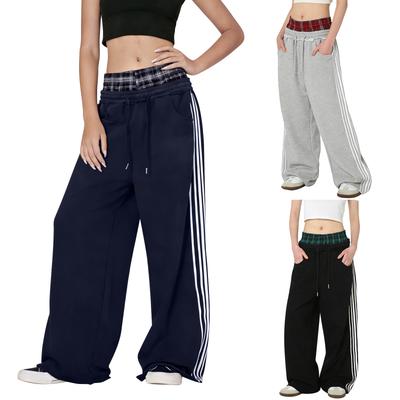 Women's Striped Relaxed-Fit Casual Joggers Elasticated Drawstring Unisex Wide-Leg Trousers Long-Length Sweatpants