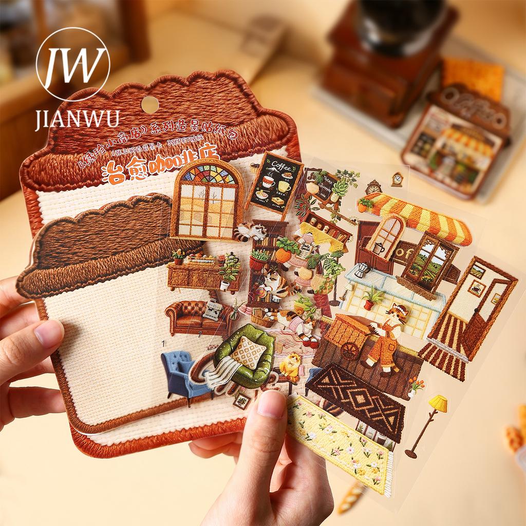 JIANWU Tiny Treasure Shop Series Vintage Coffee Bread Flower Landscape Material Collage Sticker Creative DIY Journal Stationery
