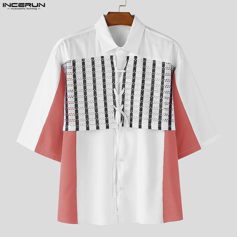 INCERUN Men Lapel Neck Short Sleeve Stitching Lace Splicing Casual Oversized Shirts