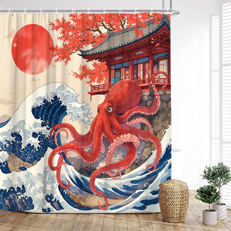 Havsvågor Bläckfisk Duschdraperier Sol Röd Floral Paviljong Japansk Stil Landskap Polyestertyg Hem Badrum Draperi Dekor