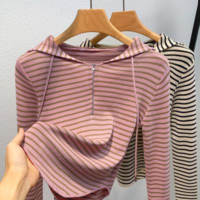 Damen Herbst und Winter Gestreift Kapuzenpullover Halber Reißverschluss Lässiger Saum Sweatshirt