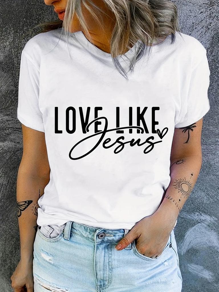 Heart & Happy Slogan Print T-shirt Cute Short Sleeve Crew Neck Casual Top Women's Clothing Valentine's Day for Summer & Spring