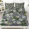 3pcs Pink Grey Fitted Sheet Set Fresh Style Rose Flora Print 100% Polyester Soft Bedding Set for Home Decor with 2 Pillowcases