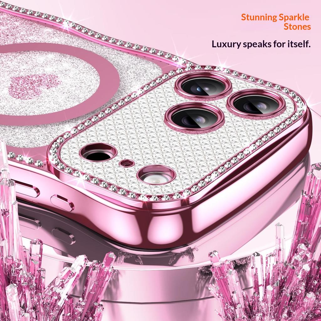 For iPhone 17 Pro Magnetic Case Electroplated Wave Frame Rhinestone Decor TPU PC Phone Cover with Love Glitter Paper