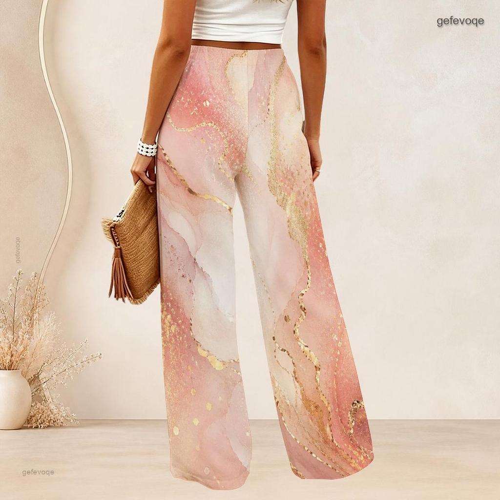 Women Plus Size Pink Marble Gold Print Wide Leg Pants High Waist Loose Casual Long Trousers For Daily Summer Wear