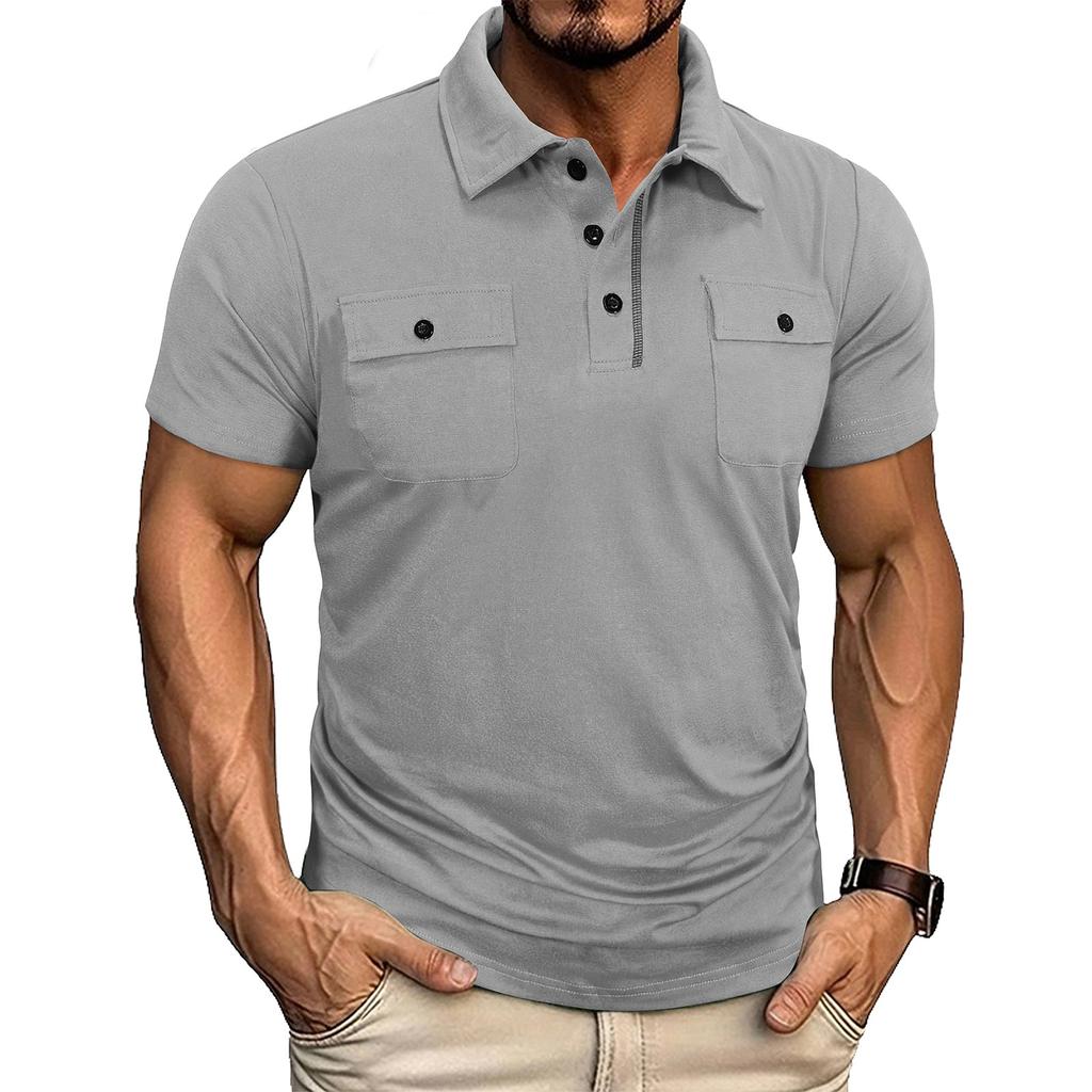 Men's Casual Short Sleeve Work Shirt Slim Fit Polo Style with Dual Chest Pockets Button and Zipper Closure Lightweight Fabric