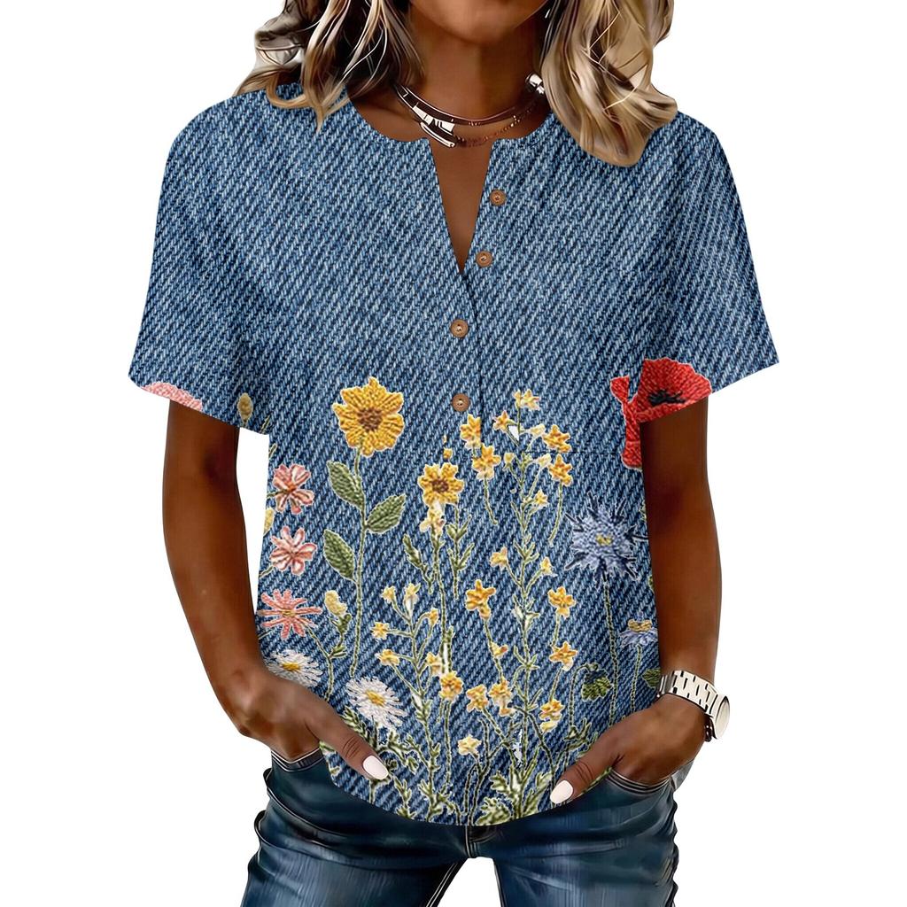 Women's Vintage Floral Print Short Sleeve Shirt Button Front Henley Neck Cotton Linen Blend Casual Top