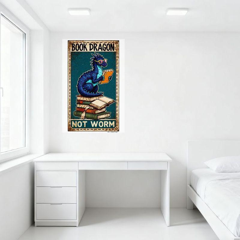 Vintage 'BUCHDRAGON' Blechschild, Skurriler Drache liest mit Bücherstapel, 'KEIN WURM'-Banner, Rustikales, verwittertes Heim-Ba