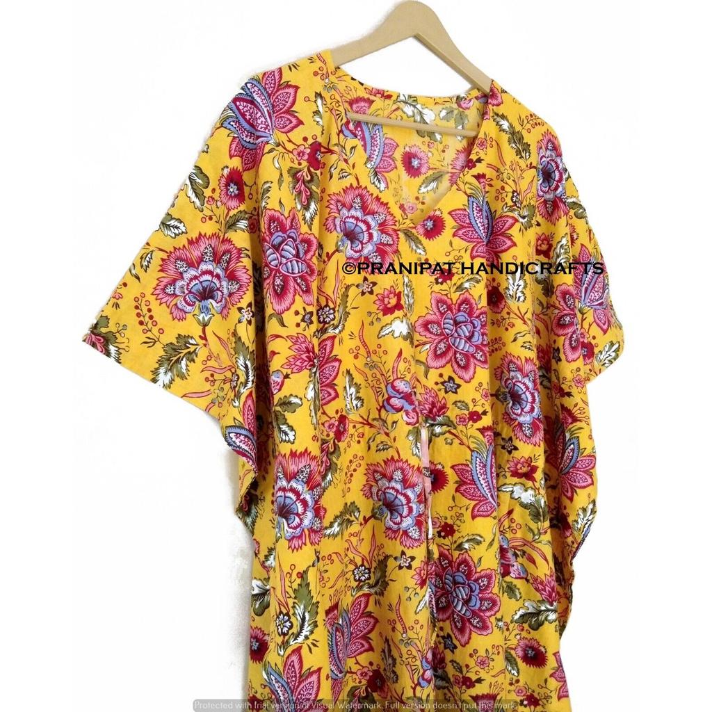 Indian Yellow Long Floral Print Cotton Hippie Maxi Women Nightwear Caftan Dress CKFTN-SCRN-FULL-BUYIT-078