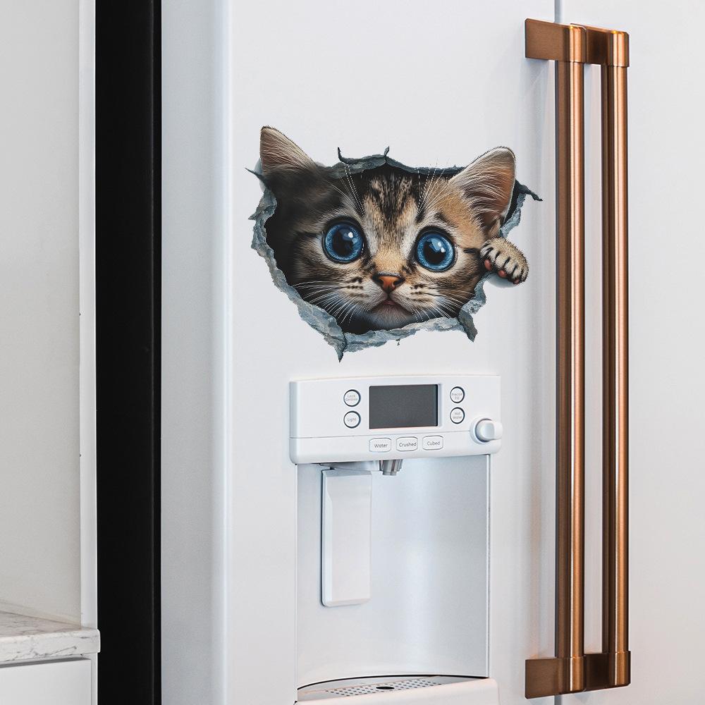 3D Visual Effect of Broken Walls Cute Little Cat Bedroom Living Room Entrance Hall Home Background Beautification Wall Stickers
