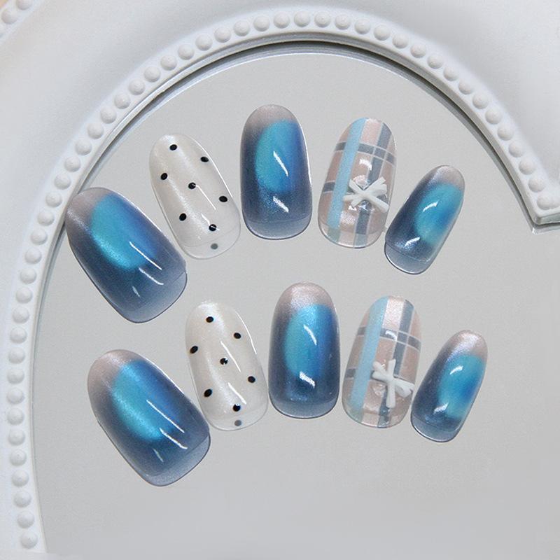 Prefabricated Nail Sea Salt Crystal Blue Cat's Eye Plaid Polka Dot Bow European and American Style Removable Nail Art 30 Pieces