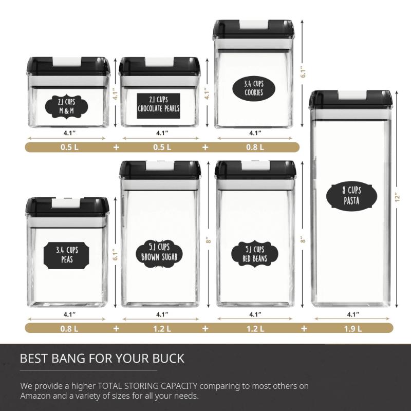 Sada vzduchotěsných nádob na skladování potravin – 7 PC set – Štítky – Nádoby pro uspořádání kuchyně a spíže – Bez BPA – Průhledné plastové kanystry na mouku