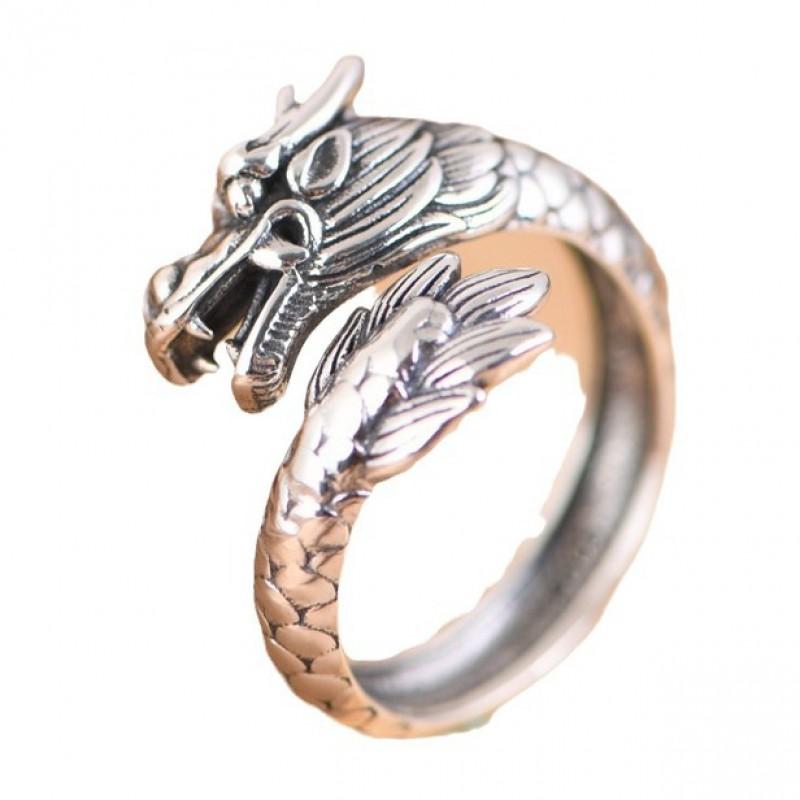 Adjustable Vintage Ethnic Totem Dragon Phoenix Ring Sterling Unisex Open Band Jewelry