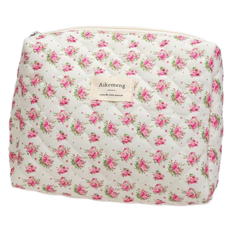 Floral Quilted Cotton Travel Makeup Bag Set – Portable, Large Capacity, 3-Piece