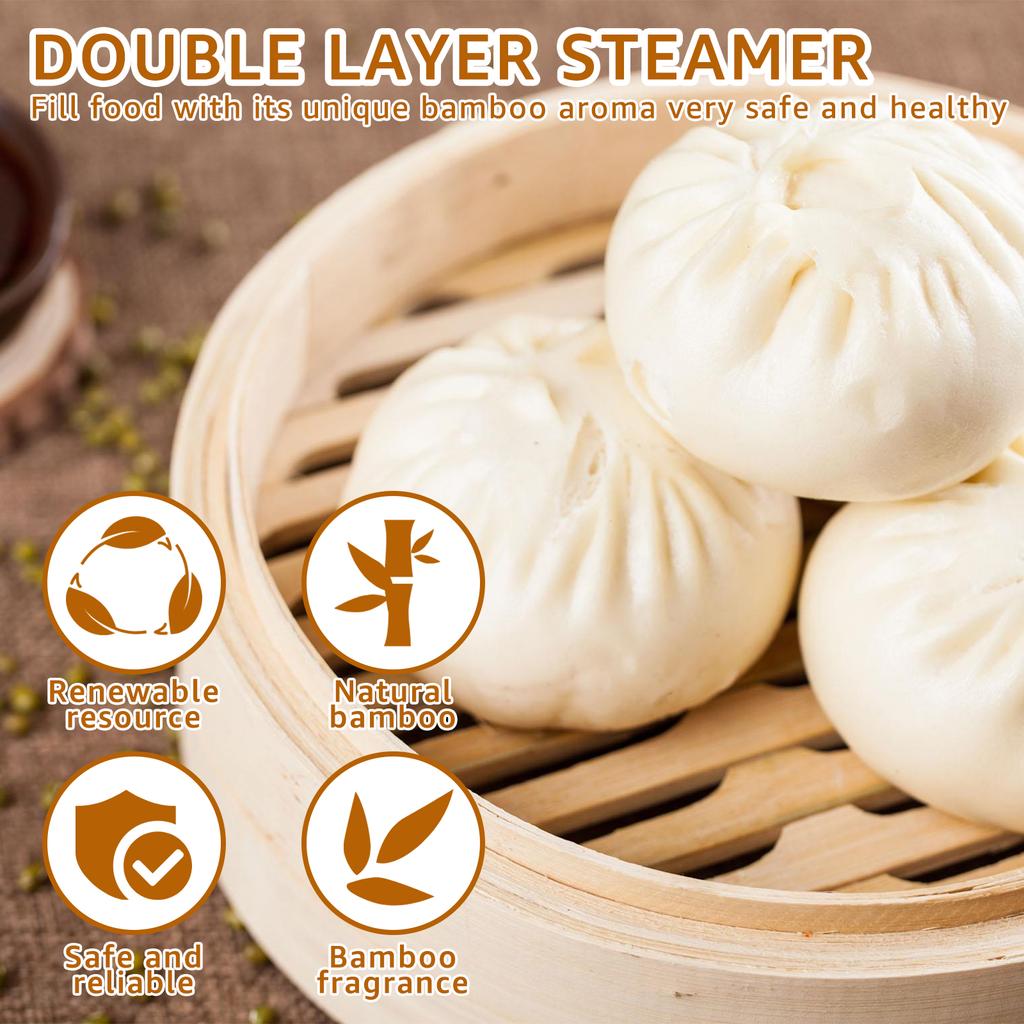 Handmade Bamboo Steamer, 2 Tiers & Lid, Premium Bamboo Steam Basket for Vegetables Dumplings Buns Bamboo Healthy Steamer Cooking