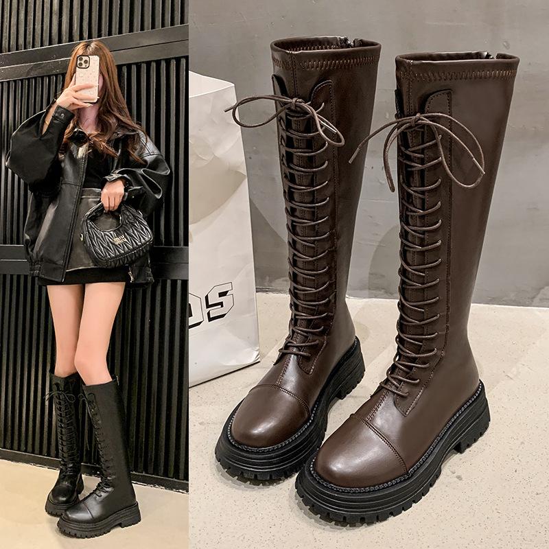 New women's boots autumn and winter British thick-soled lace-up boots women's round head fashion small tall boots