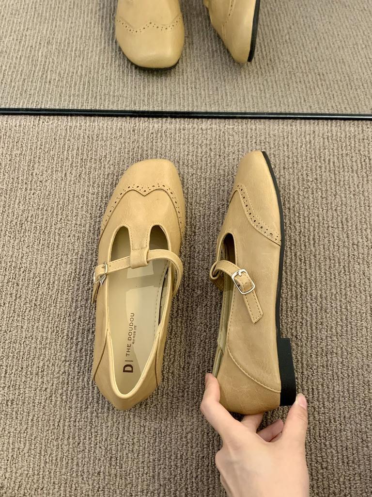 THEDOUDOU Korean Version Retro Black Small Leather Shoes Women's 2025 Autumn Flat Bottom Shallow Mouth Single Shoes Flat Bottom Mary Jane