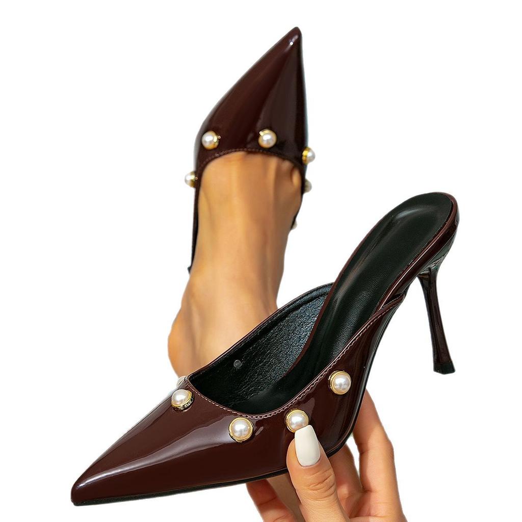 Women's shoes brown high-heeled sandals women's stilettos fashion pointed pearls with simple high-heeled sandals women