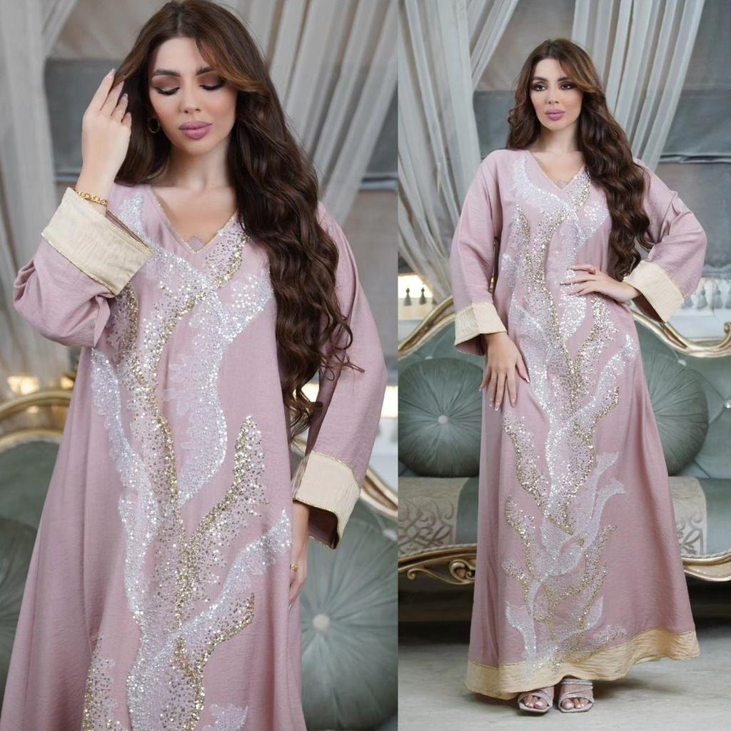 AB330 Sequin Embroidered Abaya: Elegant Middle Eastern Women's Home Leisure Wear
