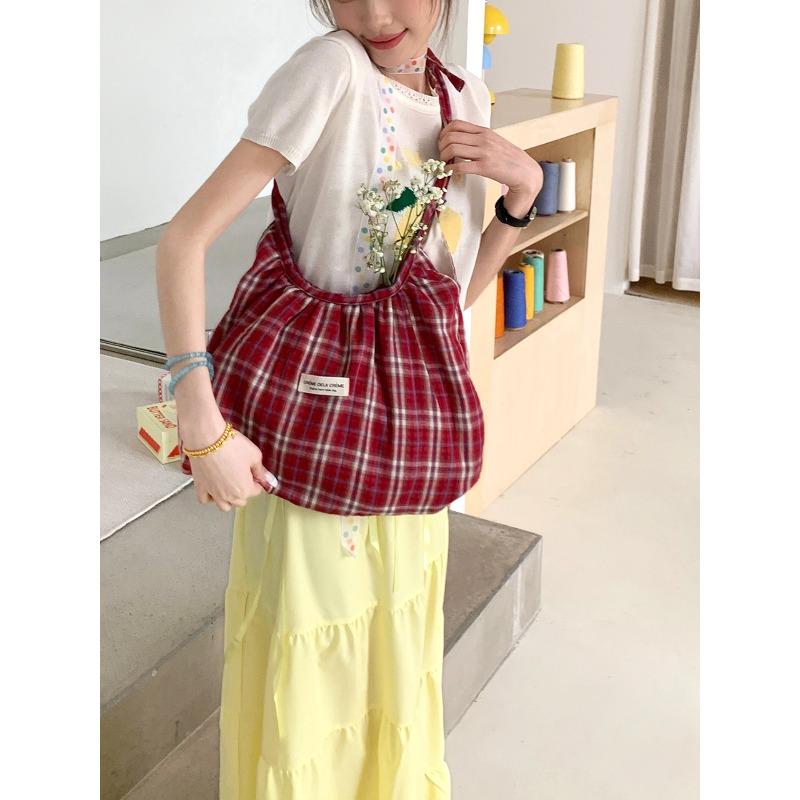 Korean Style Ruched Tote Bag, Plaid Large Capacity Shopping Handbag, Chic Versatile Single Shoulder Commuter Purse KTB