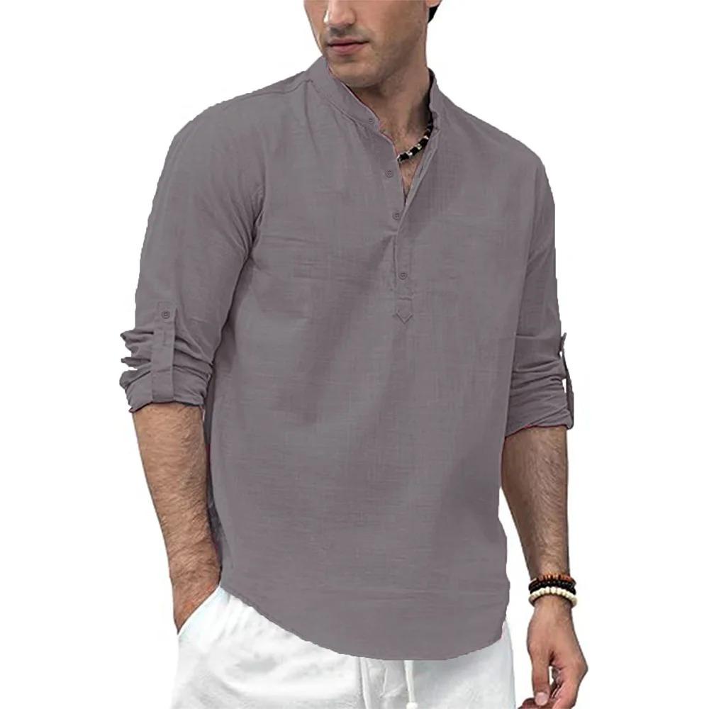 Polo cu mânecă lungă din bumbac și in pentru bărbați, ușor, cu guler Henley, stil hawaian de plajă, topuri uni, tricou de vacanță