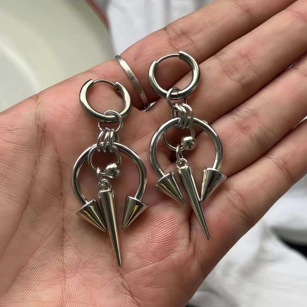 Goth Punk Stainless Steel Triple Cone Spike Rivet Huggie Hoop Earrings for Men Women Dangle Earrings Fashion Streetwear Jewelry