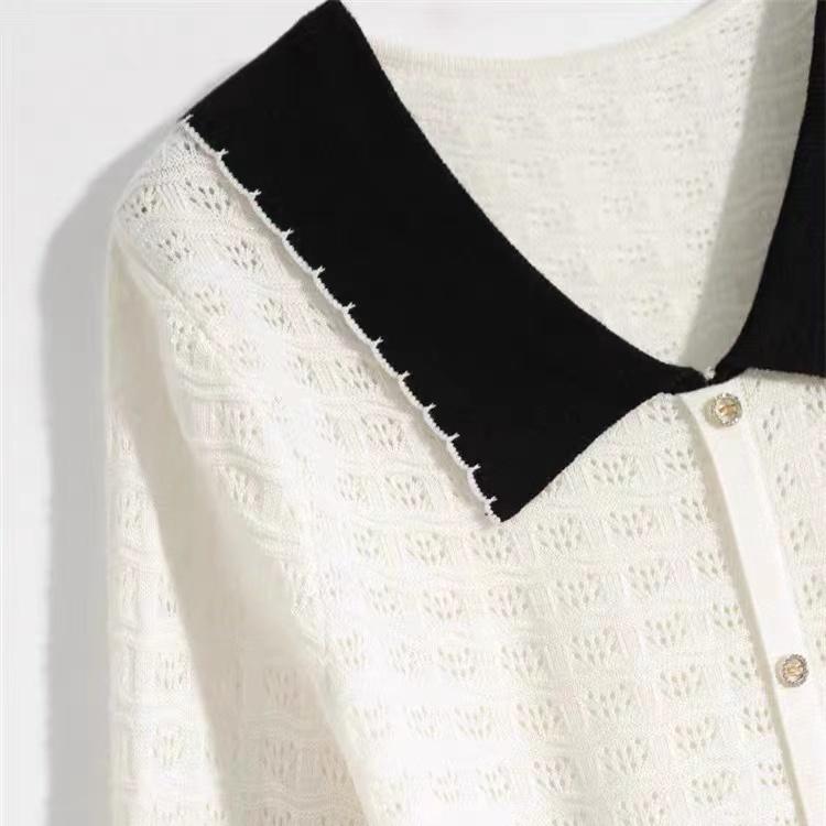 Contrasting Base Shirt for Women's Spring Long Sleeved Thin Cut Hollow Knitted Top