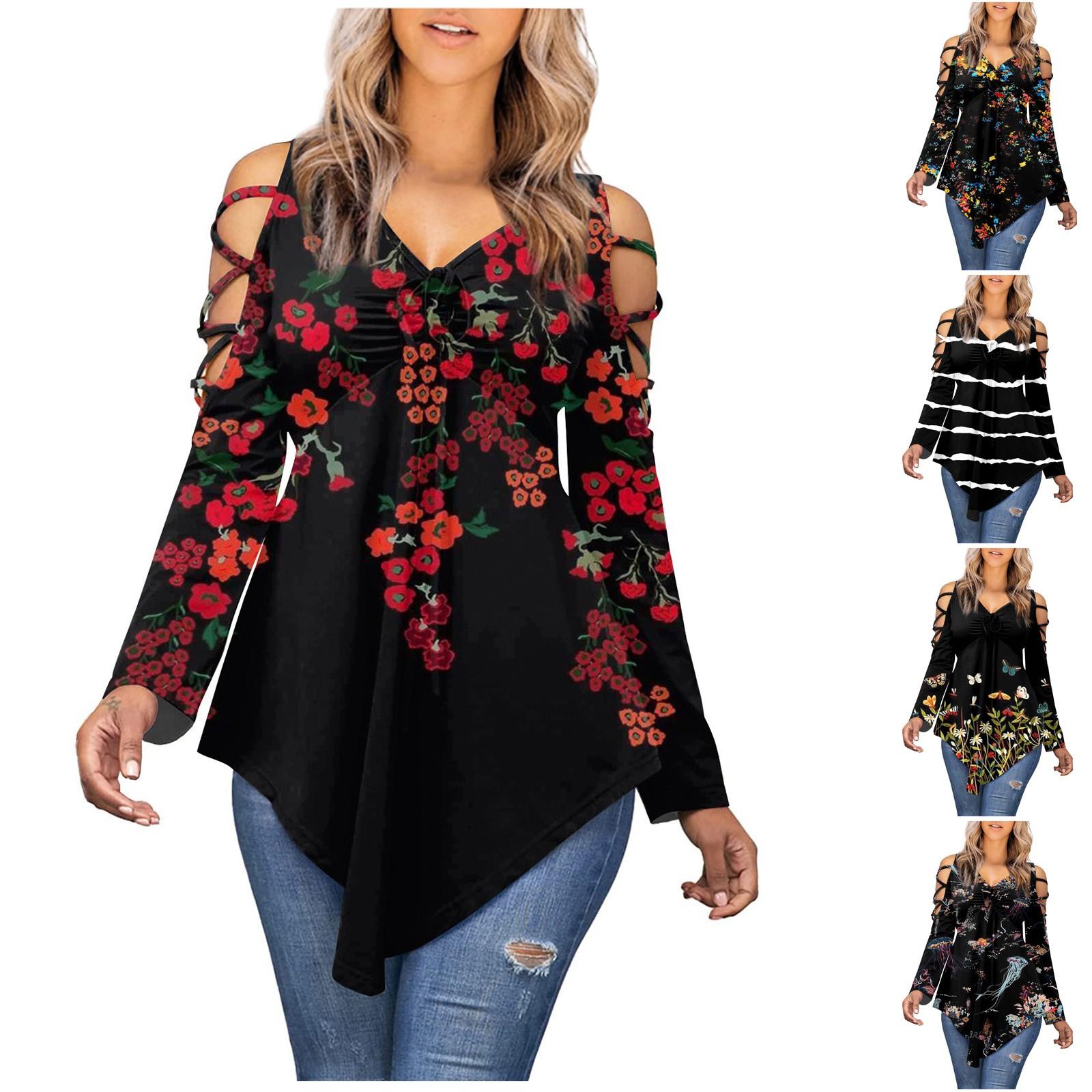 

Женская мода с открытыми плечами и длинными рукавами, большой V-образный вырез, свободный повседневный топ с нерегулярным подолом