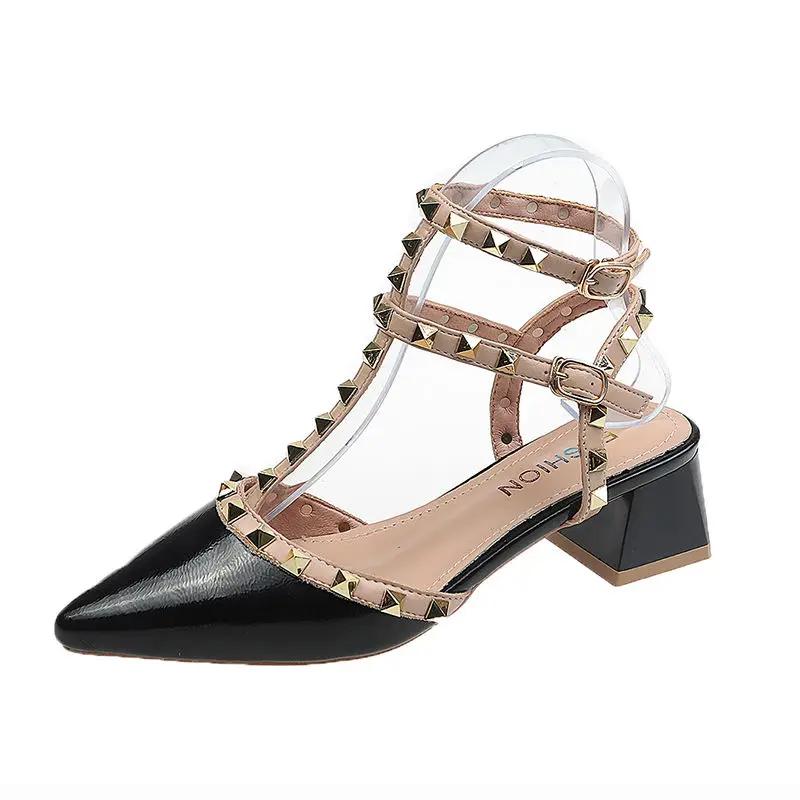 Fashion Sandals for Woman One Word Summer 2024 Pointed Toe Rivet Footwear Block Heel Women's Shoes with Strap The Best Designer Luxury H