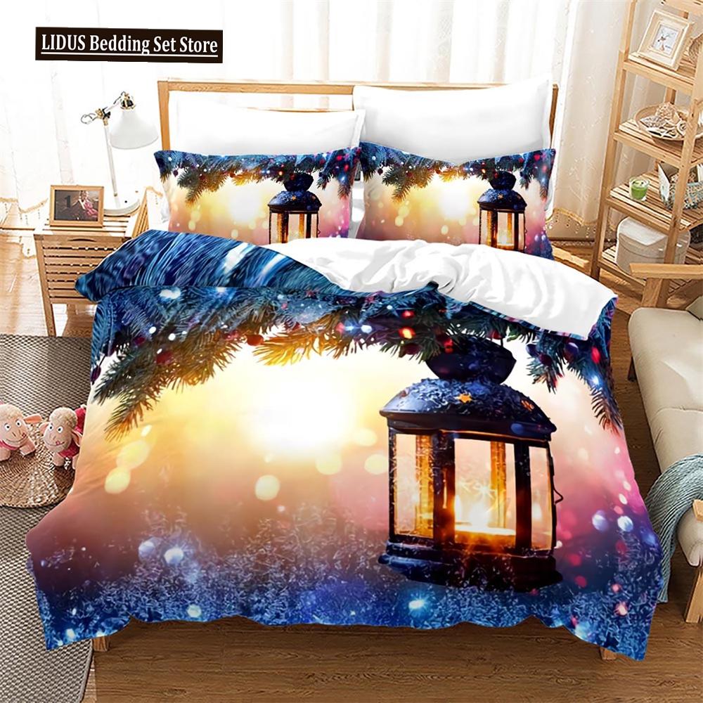 Christmas Duvet Cover Set King Size Snowflake Bells Pattern Festival Bedding Set Polyester Comforter Cover For Kids Boys Girls