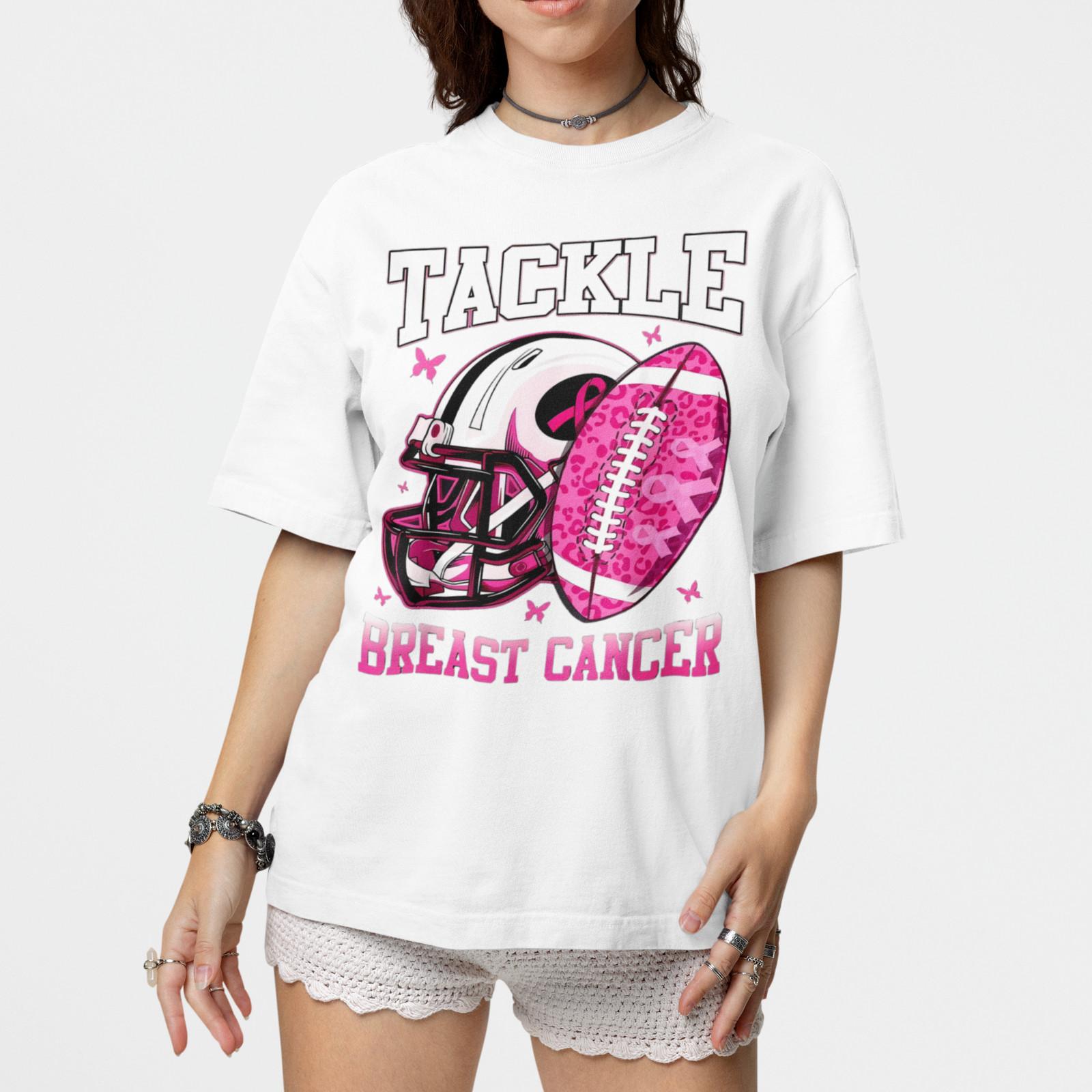 Tackle Breast Cancer Football Pink Ribbon Awareness T-Shirt Unisex XL