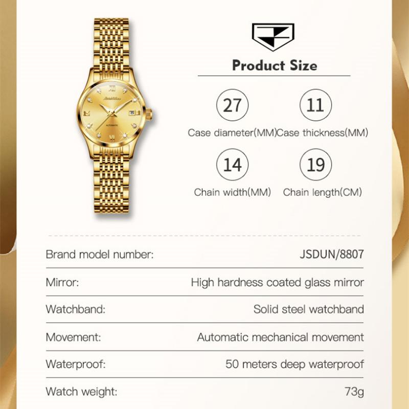 JINSHIDUN Nové dámské hodinky pro podnikání a volný čas Módní diamantové Vodotěsné Luminous Single Calendar Mechanické Špičkové dámské hodinky