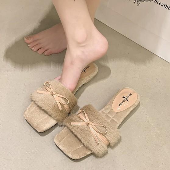 Fashion retro bow fluffy slippers women's outer wear 2025 autumn and winter new simple one-word outer wear thick heel cotton mop
